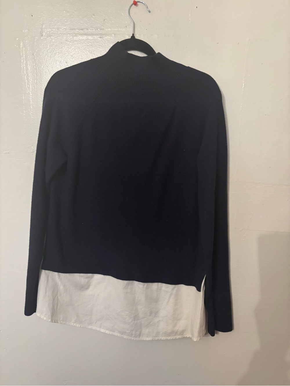 Maeve Navy Crewneck Sweater with White Shirt Hem